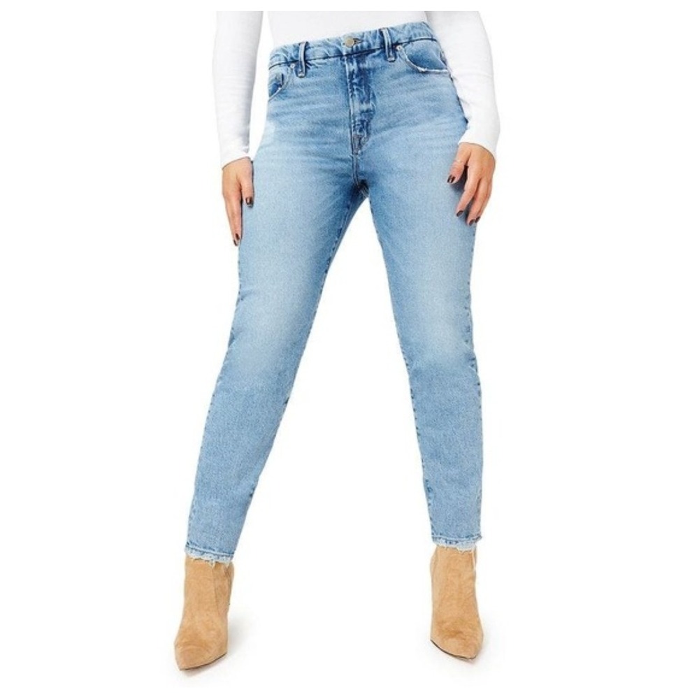 Good American The Weekender Jeans Women 12/31 Light Blue Distressed High Rise
